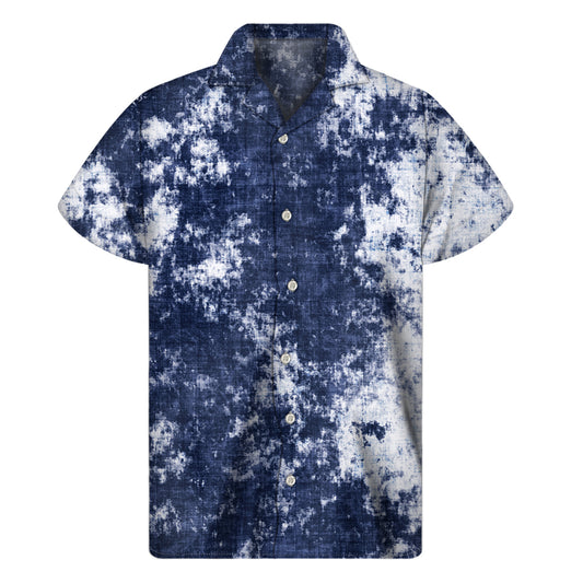 Blue And White Acid Wash Tie Dye Print Men's Short Sleeve Shirt