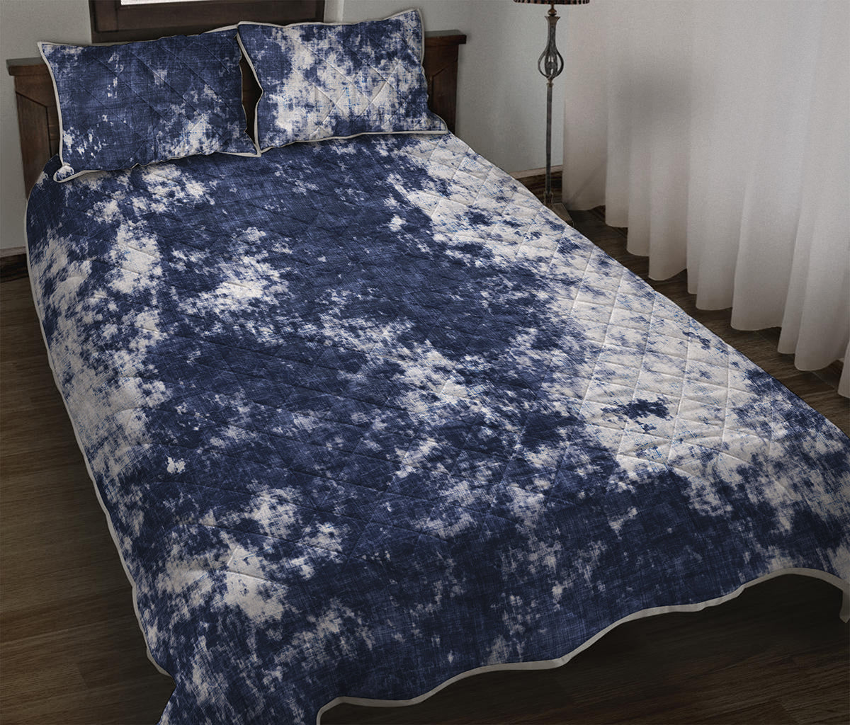 Blue And White Acid Wash Tie Dye Print Quilt Bed Set