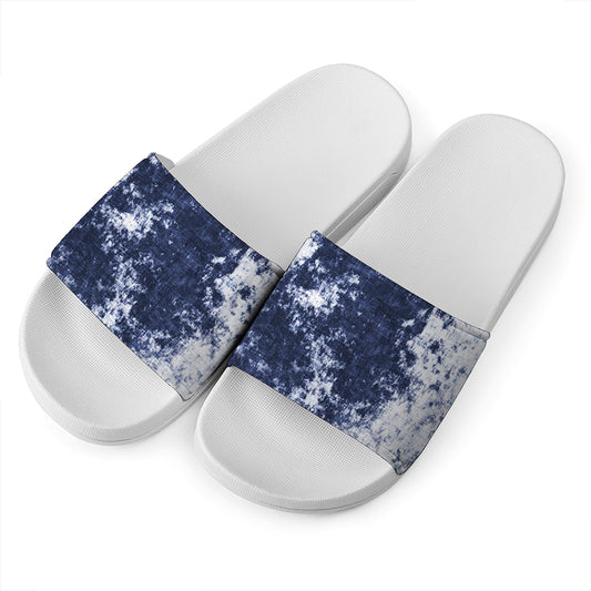Blue And White Acid Wash Tie Dye Print White Slide Sandals