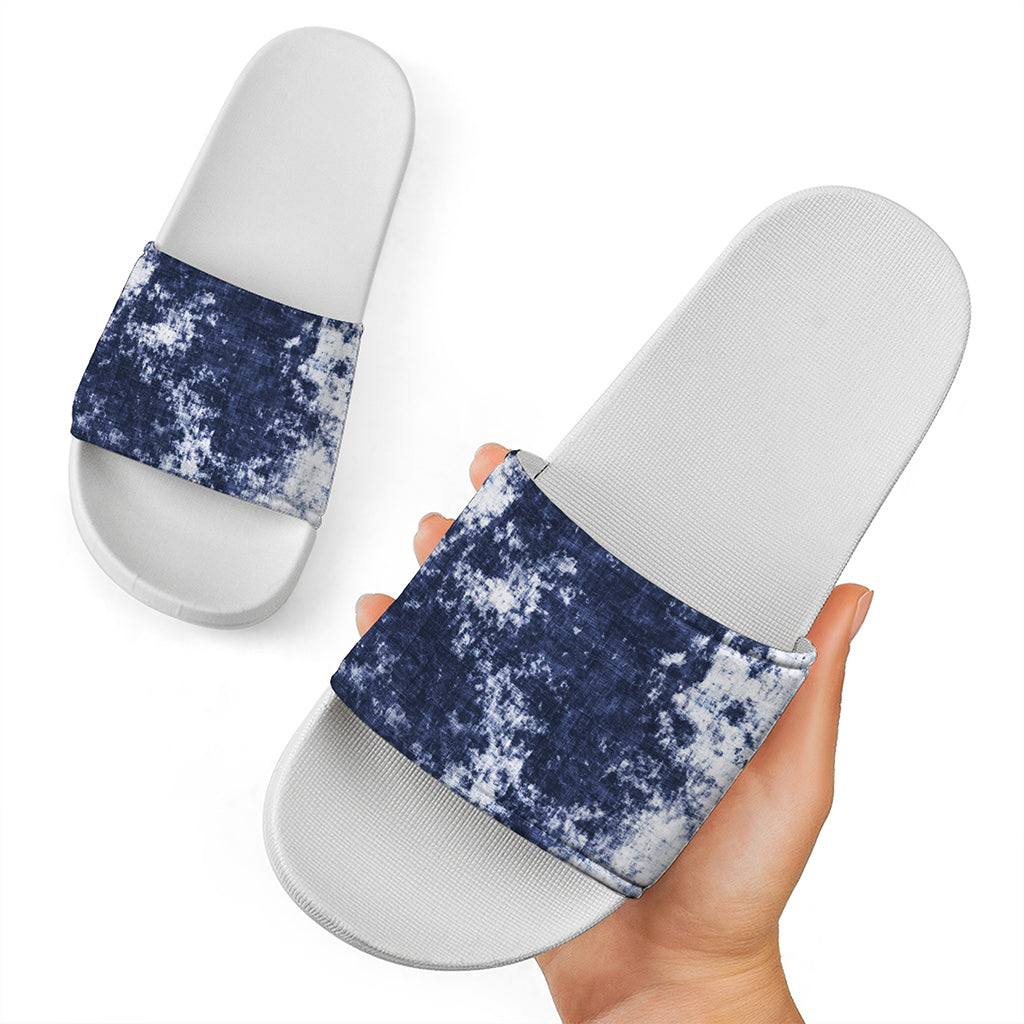 Blue And White Acid Wash Tie Dye Print White Slide Sandals