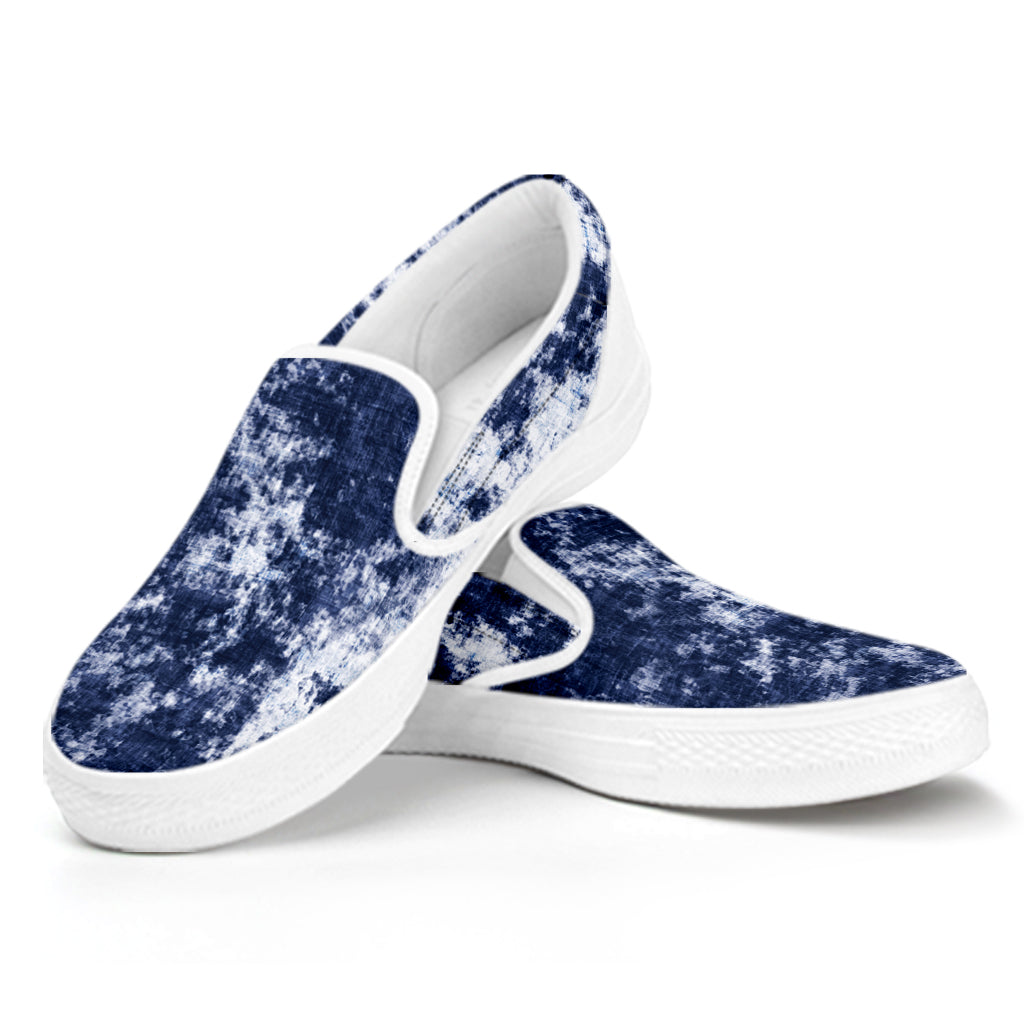 Blue And White Acid Wash Tie Dye Print White Slip On Shoes