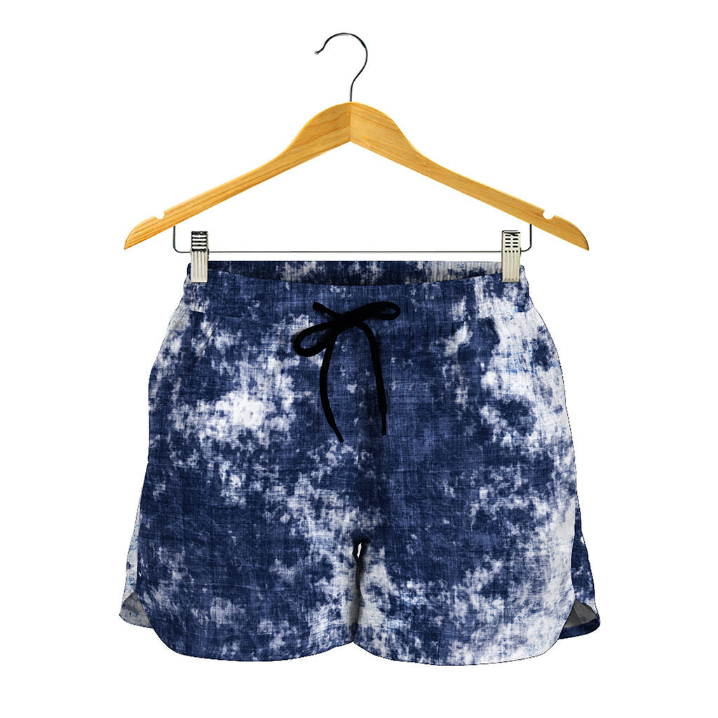 Blue And White Acid Wash Tie Dye Print Women's Shorts