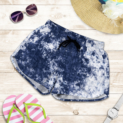 Blue And White Acid Wash Tie Dye Print Women's Shorts