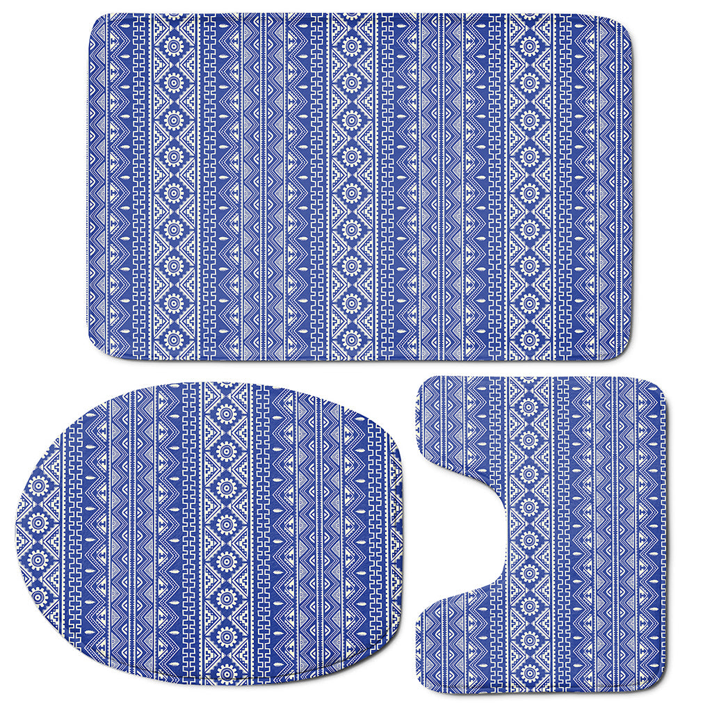 Blue And White African Pattern Print 3 Piece Bath Mat Set