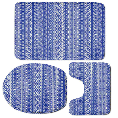 Blue And White African Pattern Print 3 Piece Bath Mat Set