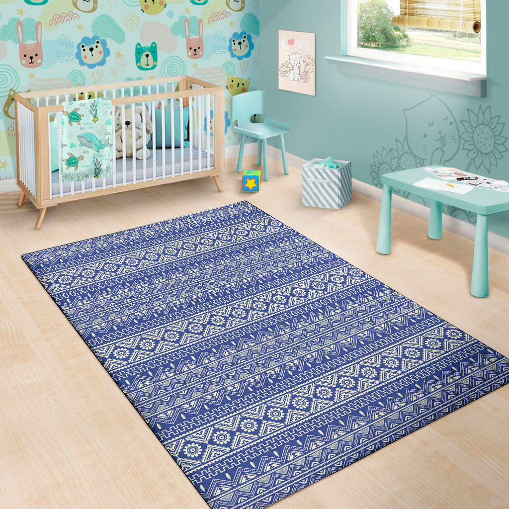 Blue And White African Pattern Print Area Rug