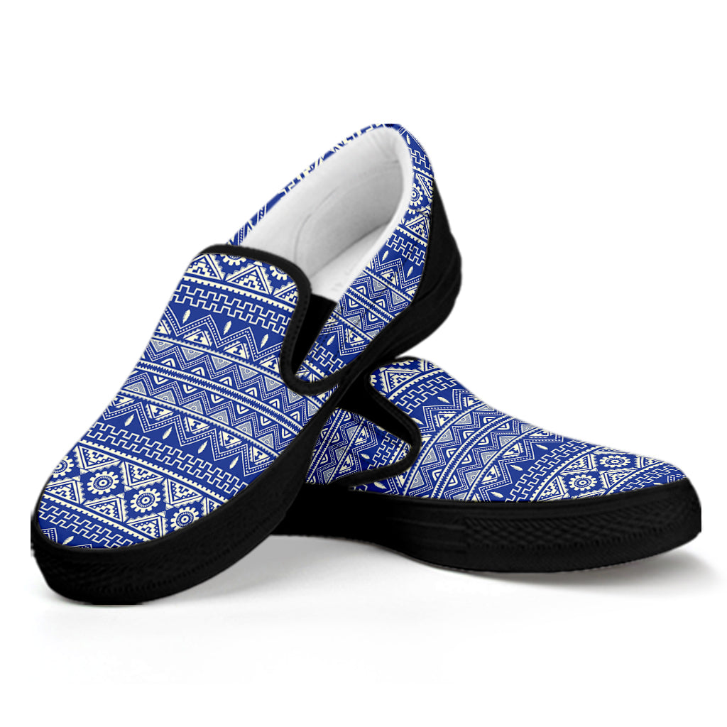 Blue And White African Pattern Print Black Slip On Shoes