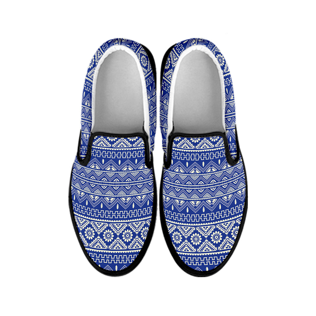 Blue And White African Pattern Print Black Slip On Shoes