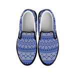 Blue And White African Pattern Print Black Slip On Shoes