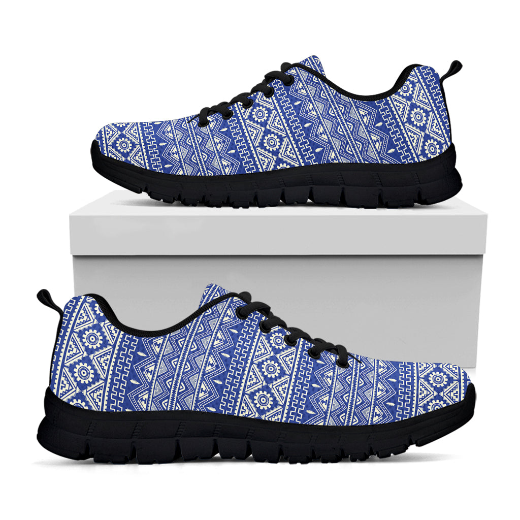 Blue And White African Pattern Print Black Sneakers