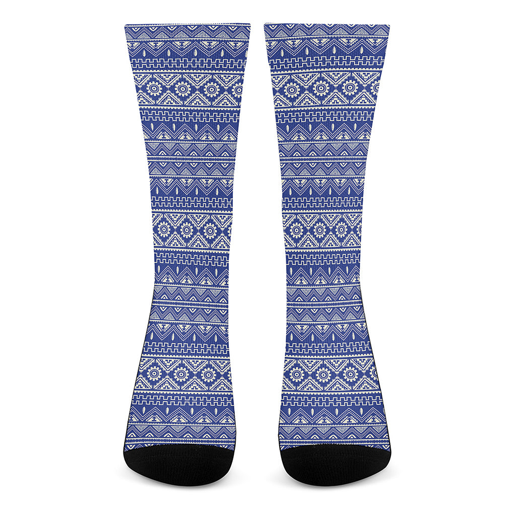 Blue And White African Pattern Print Crew Socks