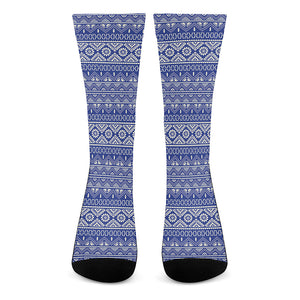 Blue And White African Pattern Print Crew Socks