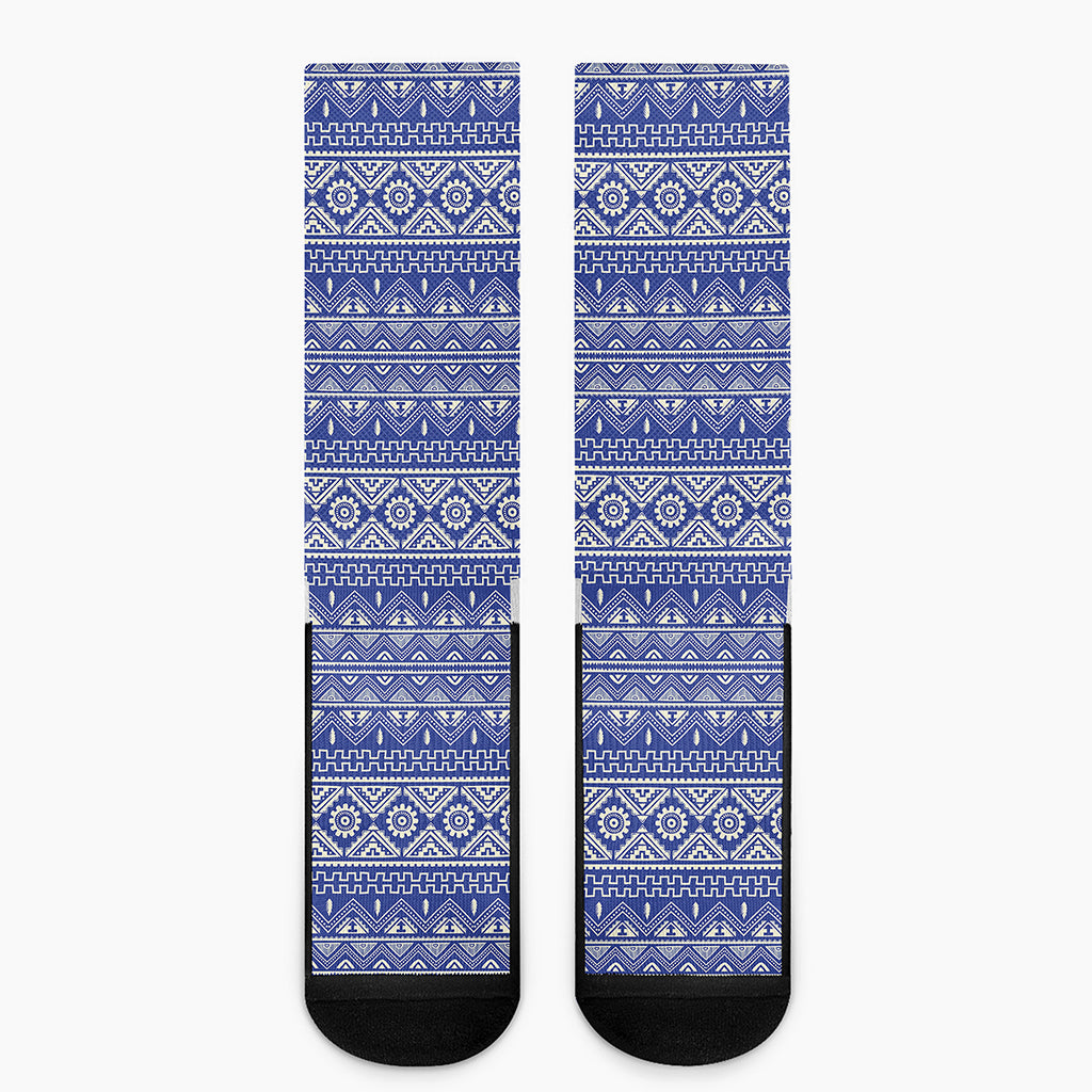 Blue And White African Pattern Print Crew Socks