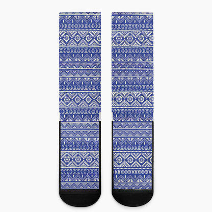 Blue And White African Pattern Print Crew Socks