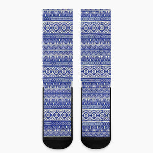 Blue And White African Pattern Print Crew Socks