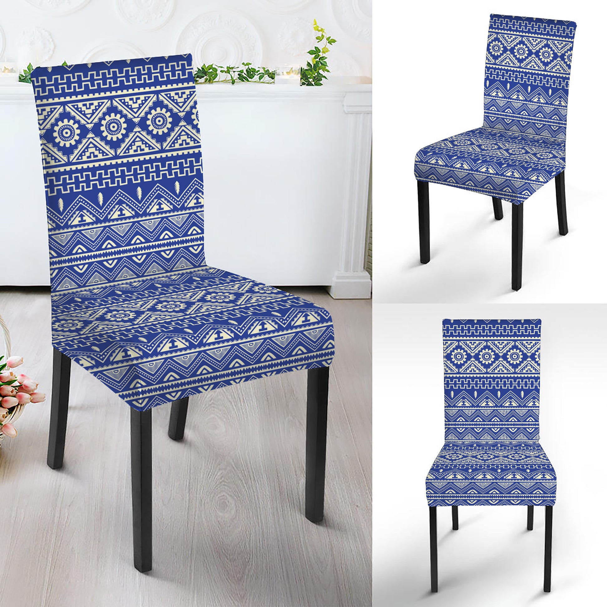 Blue And White African Pattern Print Dining Chair Slipcover