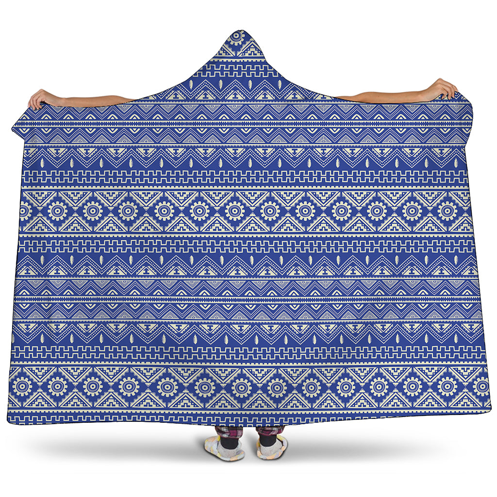 Blue And White African Pattern Print Hooded Blanket