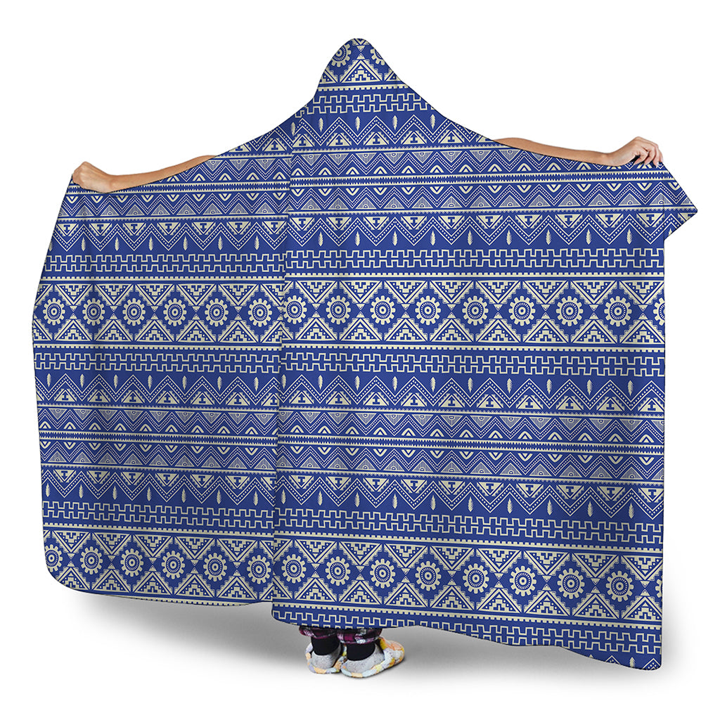 Blue And White African Pattern Print Hooded Blanket