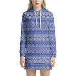 Blue And White African Pattern Print Hoodie Dress