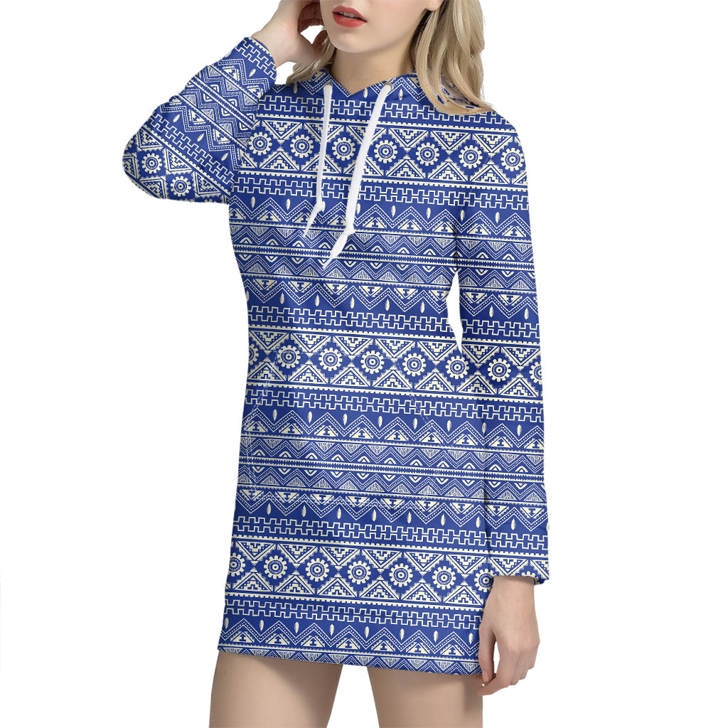 Blue And White African Pattern Print Hoodie Dress