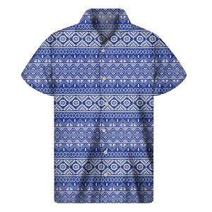 Blue And White African Pattern Print Men's Short Sleeve Shirt