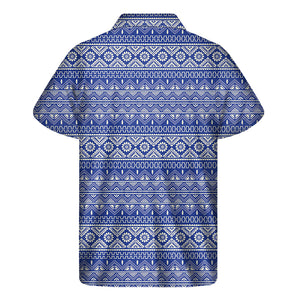 Blue And White African Pattern Print Men's Short Sleeve Shirt