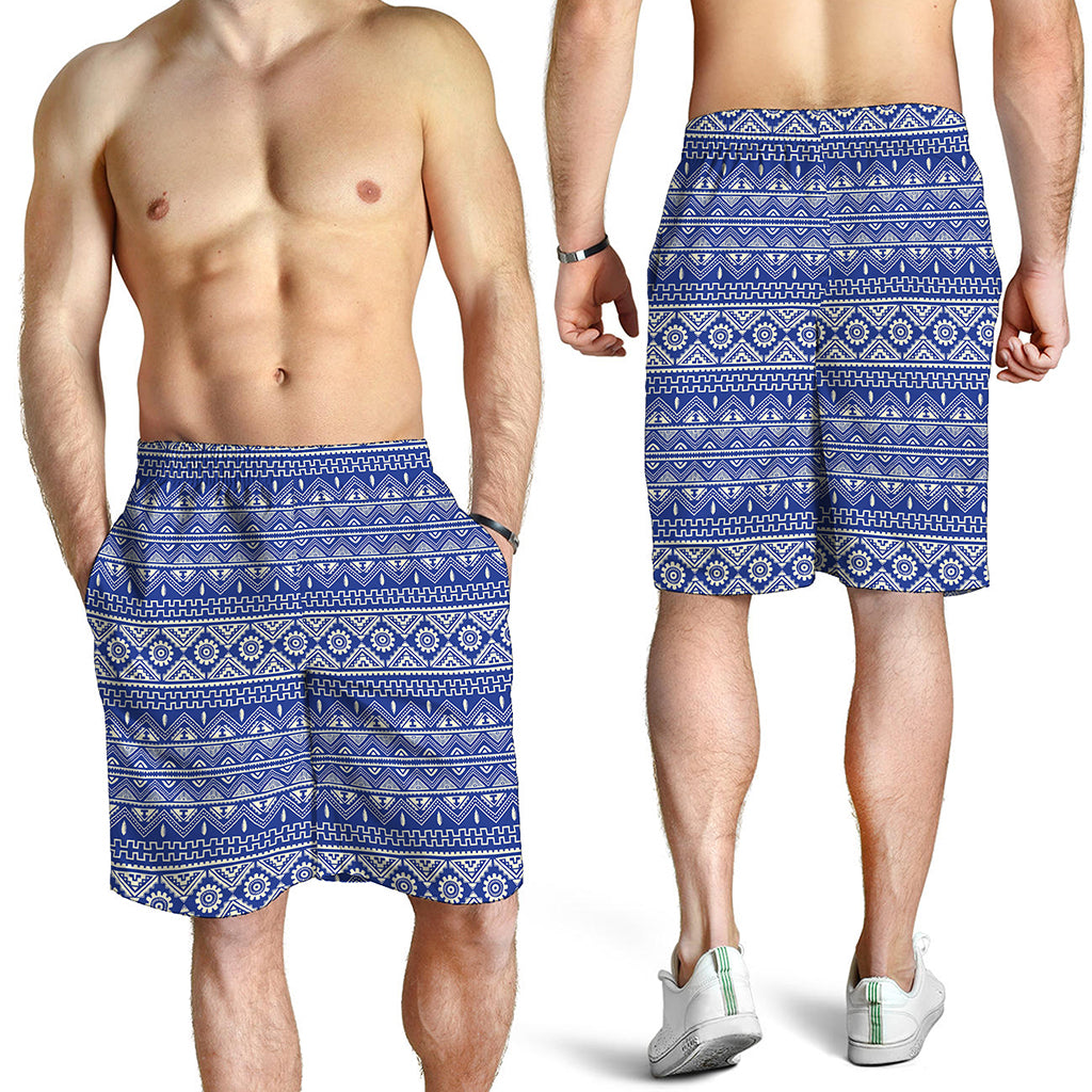 Blue And White African Pattern Print Men's Shorts