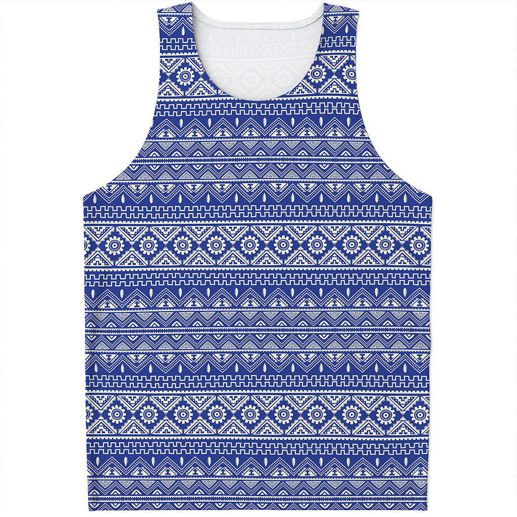 Blue And White African Pattern Print Men's Tank Top