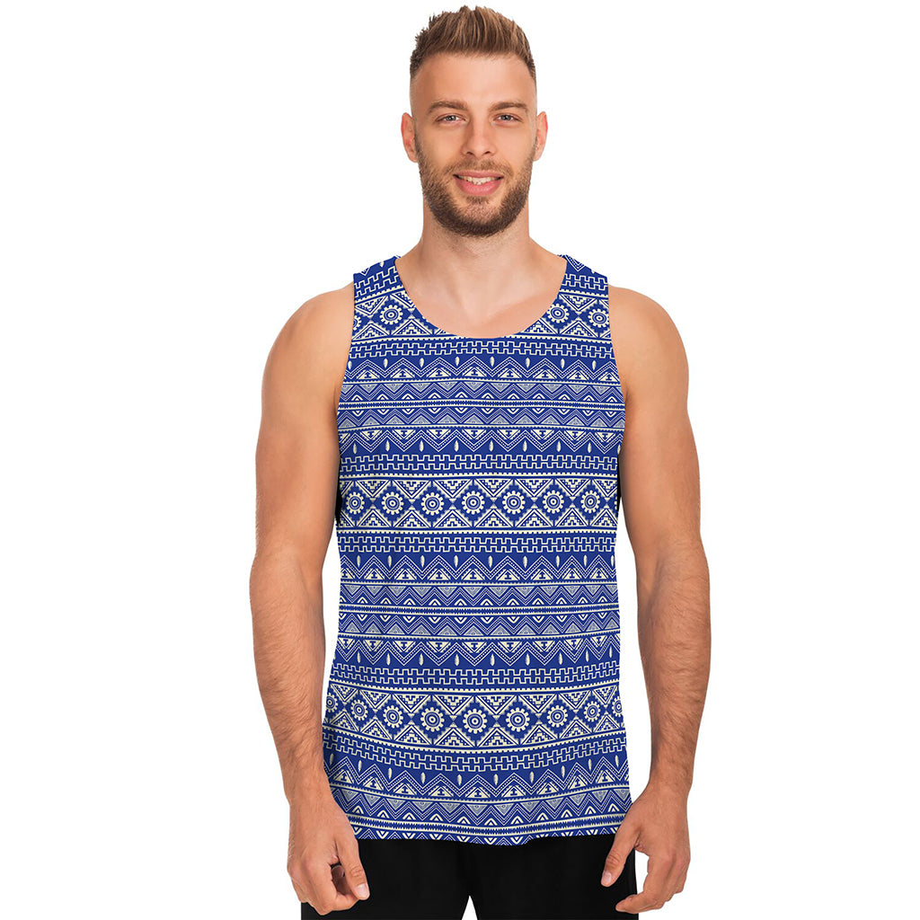 Blue And White African Pattern Print Men's Tank Top