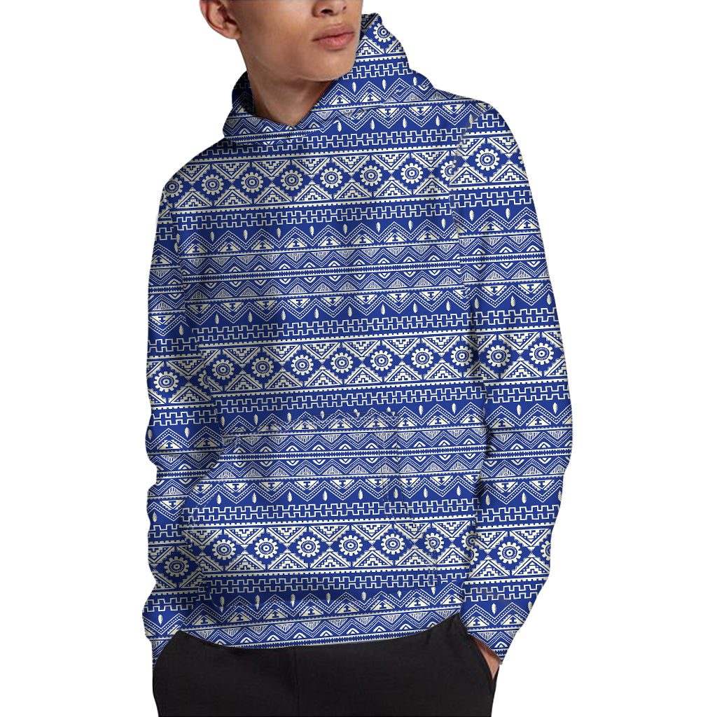 Blue And White African Pattern Print Pullover Hoodie