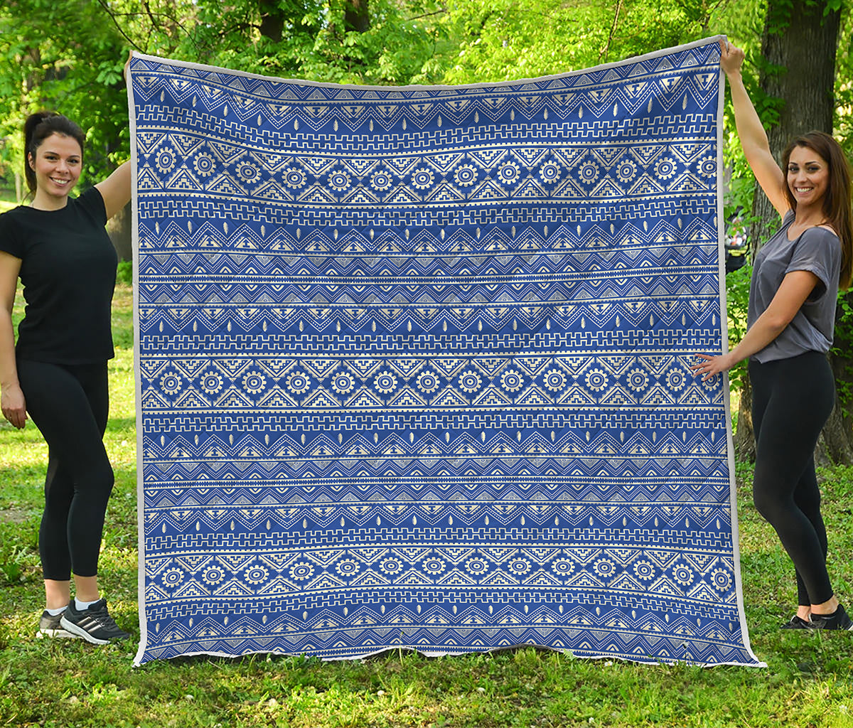 Blue And White African Pattern Print Quilt