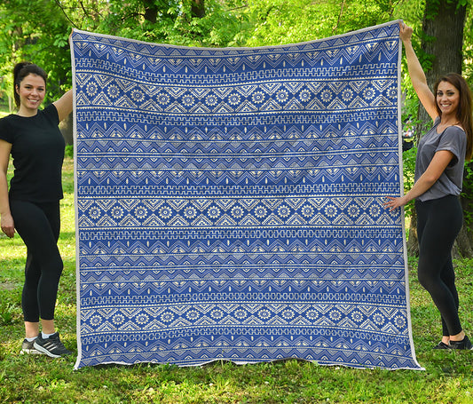 Blue And White African Pattern Print Quilt