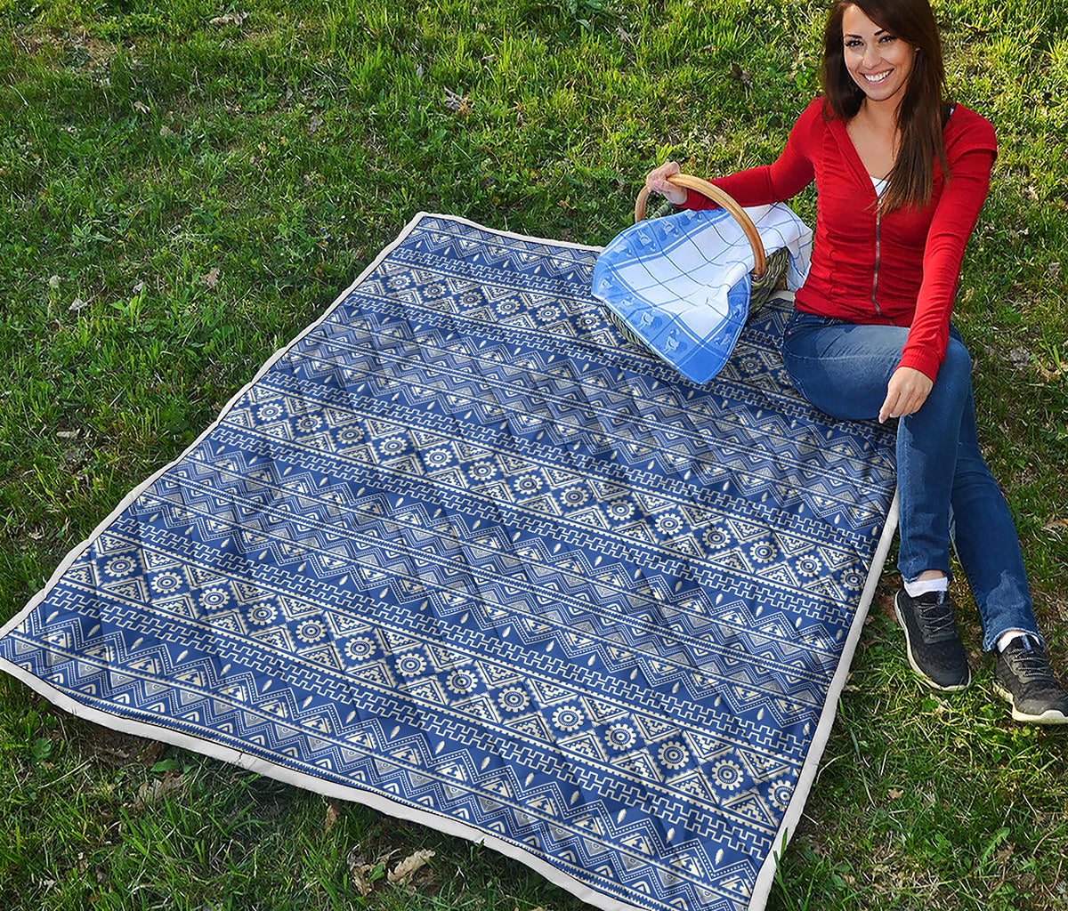 Blue And White African Pattern Print Quilt