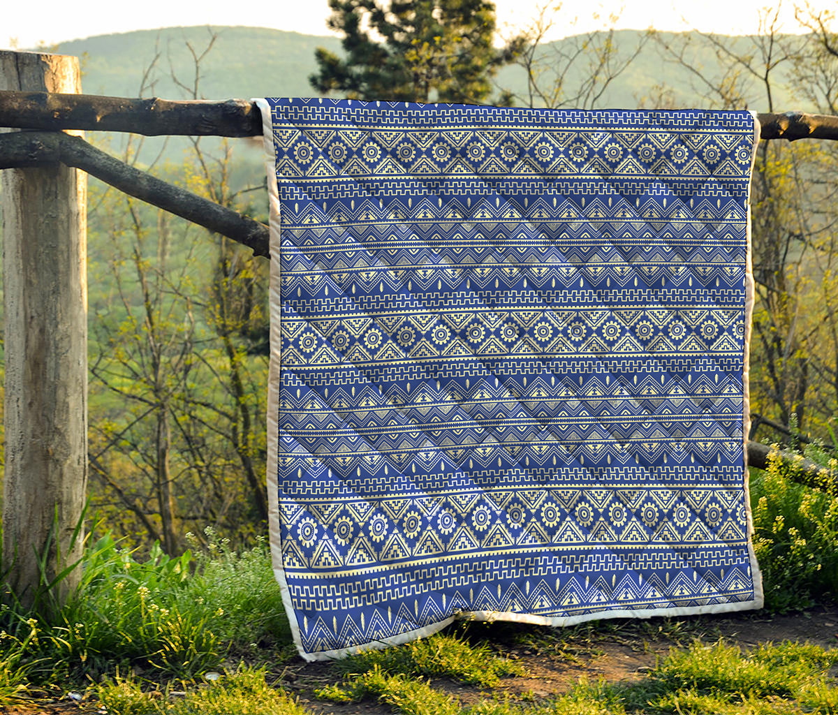 Blue And White African Pattern Print Quilt