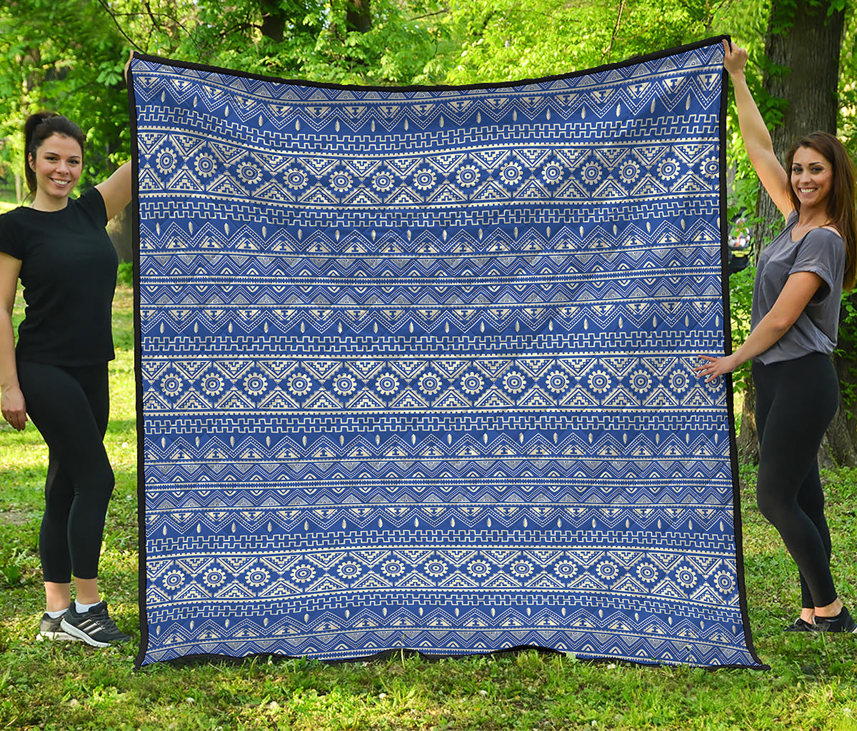 Blue And White African Pattern Print Quilt