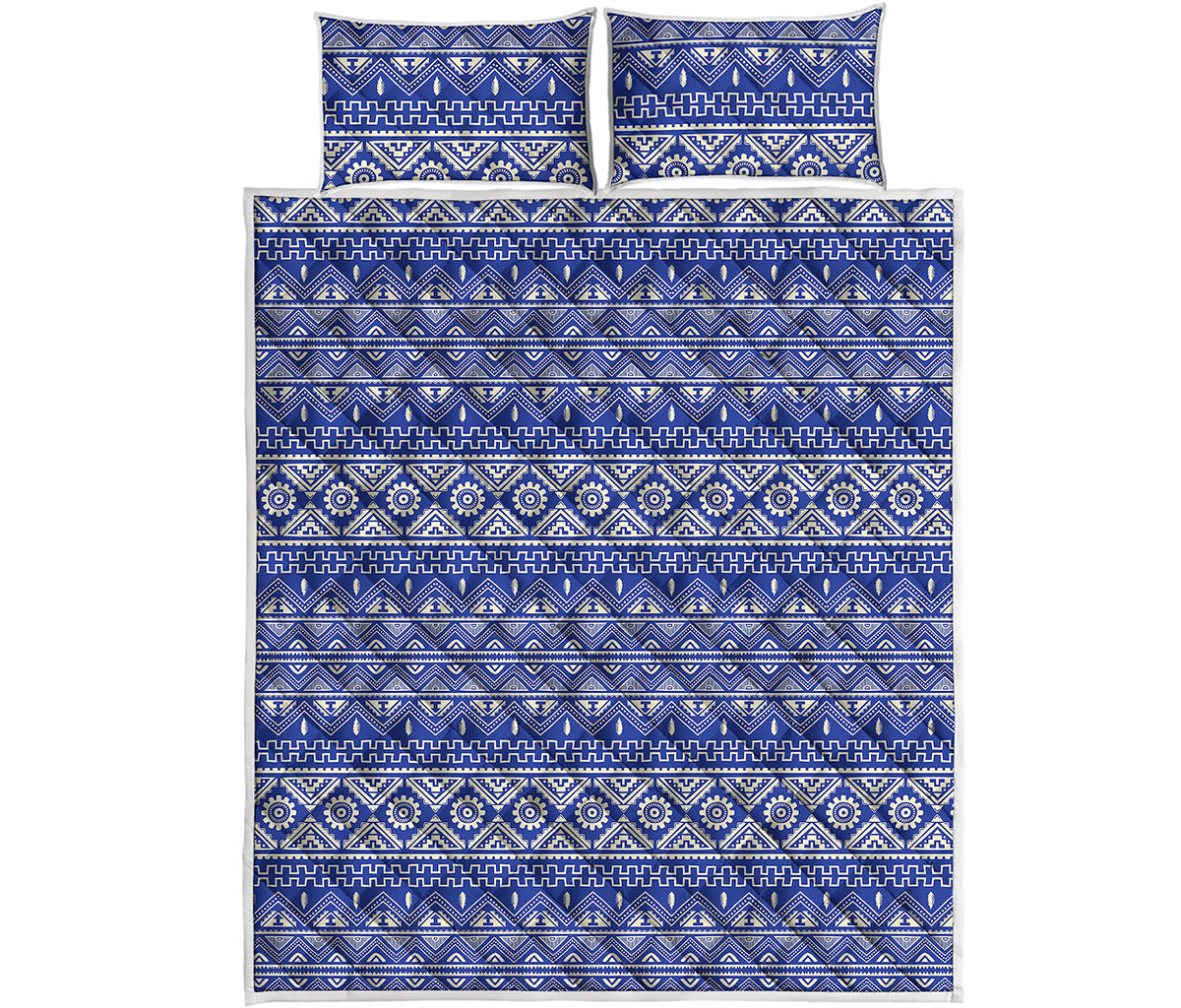 Blue And White African Pattern Print Quilt Bed Set