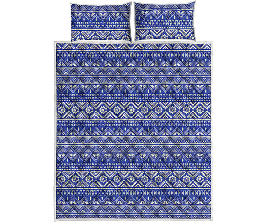 Blue And White African Pattern Print Quilt Bed Set