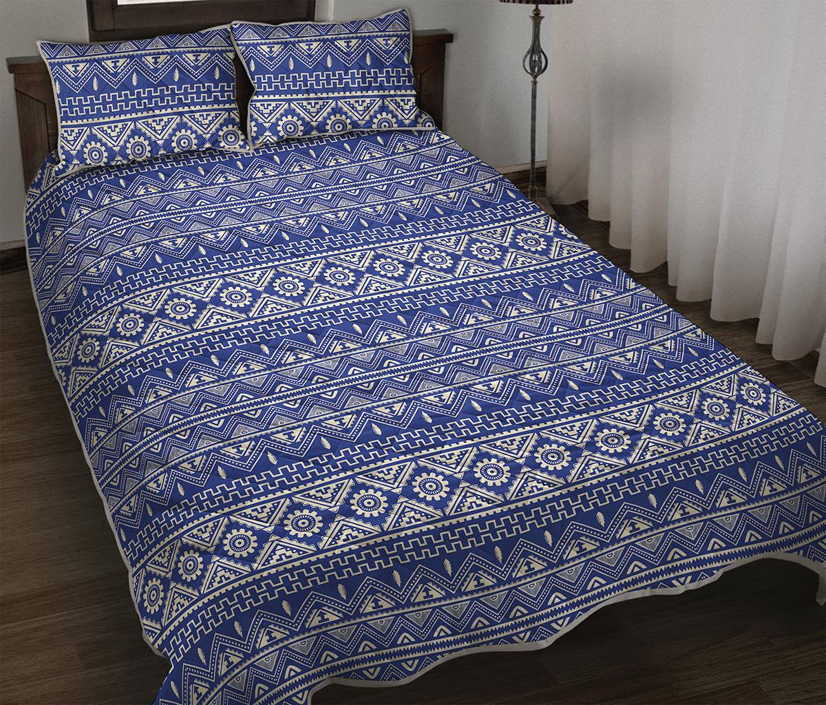 Blue And White African Pattern Print Quilt Bed Set