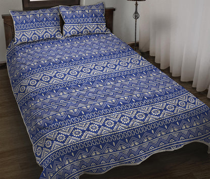 Blue And White African Pattern Print Quilt Bed Set