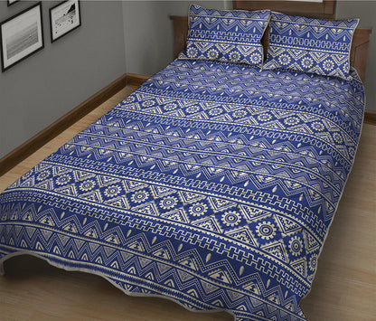 Blue And White African Pattern Print Quilt Bed Set