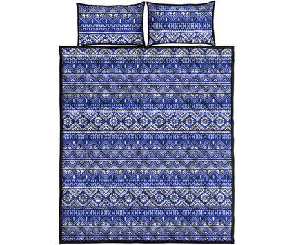 Blue And White African Pattern Print Quilt Bed Set