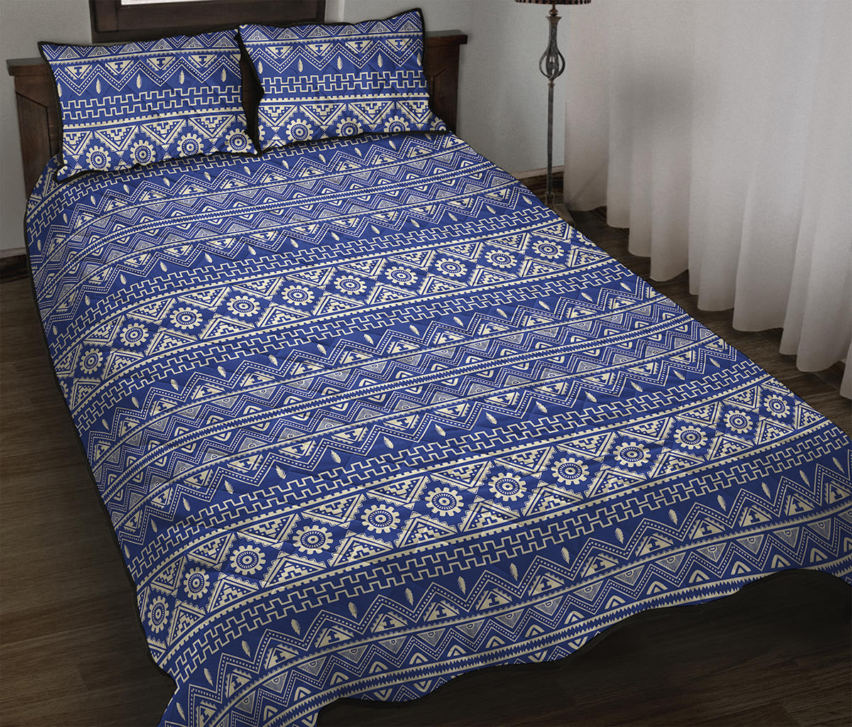 Blue And White African Pattern Print Quilt Bed Set