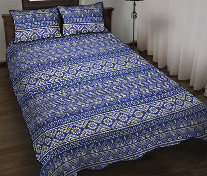 Blue And White African Pattern Print Quilt Bed Set