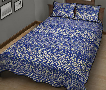 Blue And White African Pattern Print Quilt Bed Set