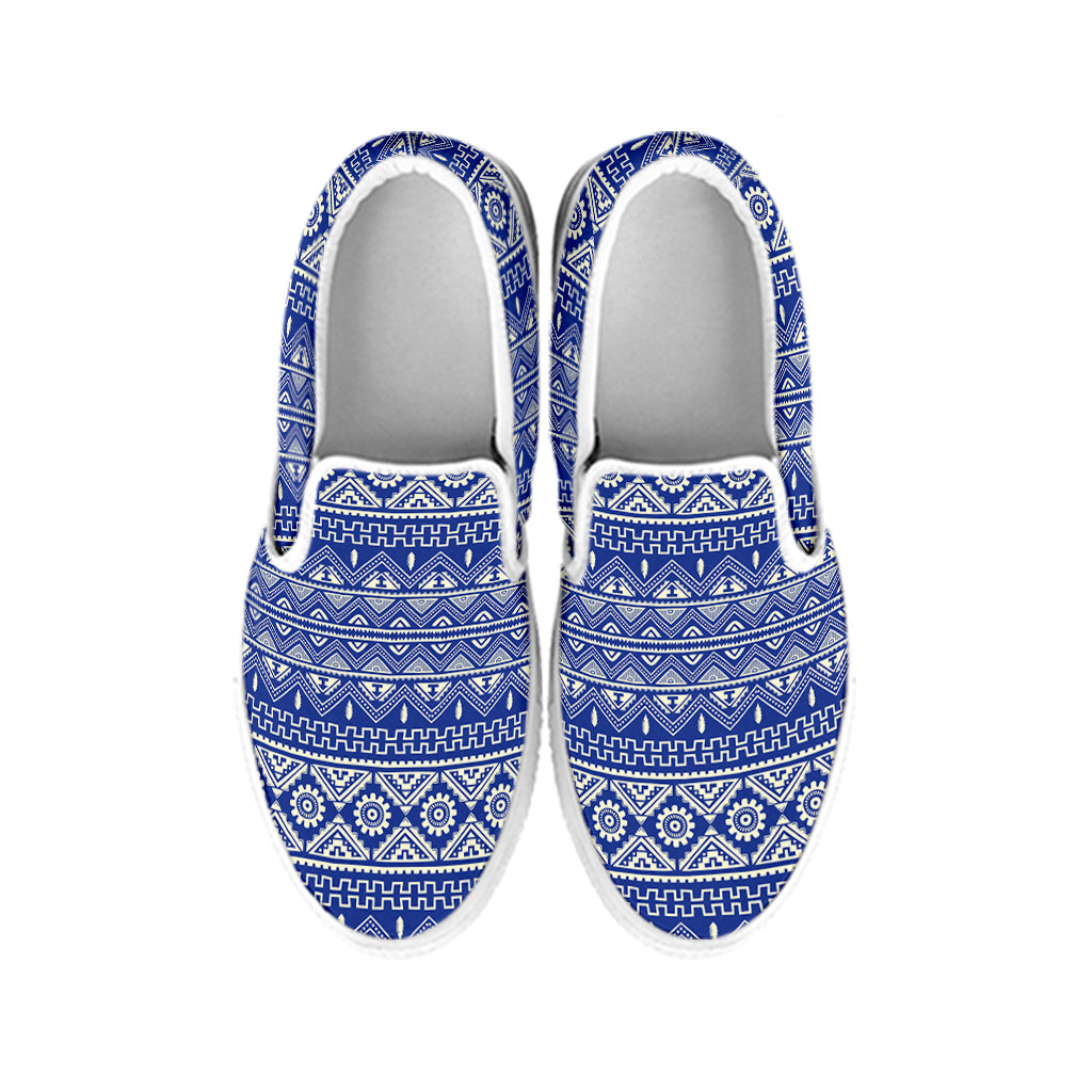 Blue And White African Pattern Print White Slip On Shoes