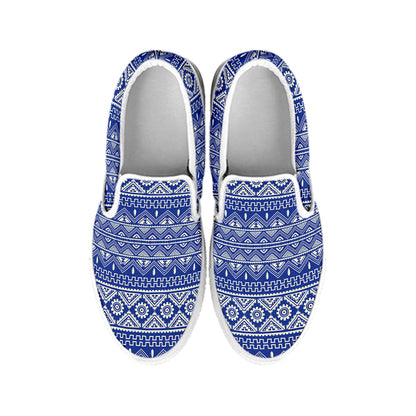 Blue And White African Pattern Print White Slip On Shoes