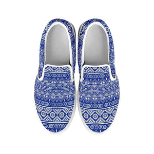 Blue And White African Pattern Print White Slip On Shoes