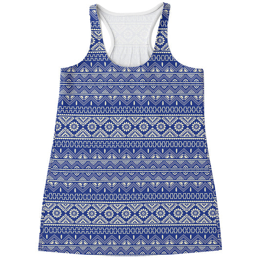 Blue And White African Pattern Print Women's Racerback Tank Top