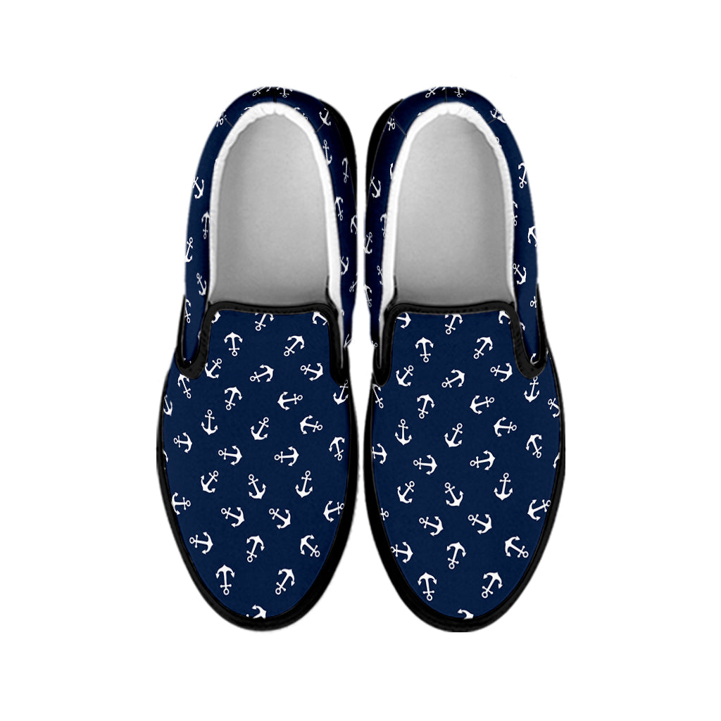 Blue And White Anchor Pattern Print Black Slip On Shoes