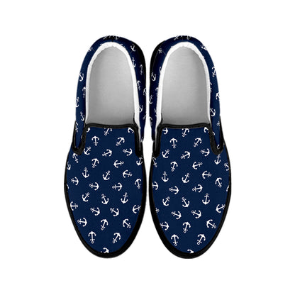 Blue And White Anchor Pattern Print Black Slip On Shoes